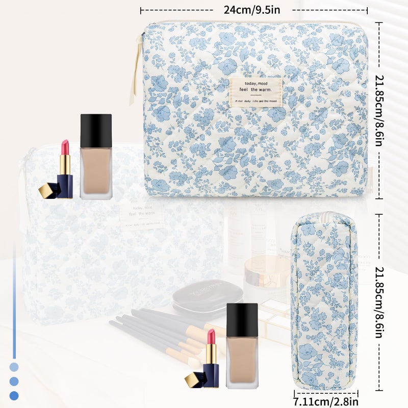 Gosect Floral Makeup Bag  Small Cosmetic Bag for Women Girls  Cute Cotton Makeup Bag  Quilted Makeup Bags  Flower Travel Toiletry Organizer Bag(Blue Floral) - Image 2